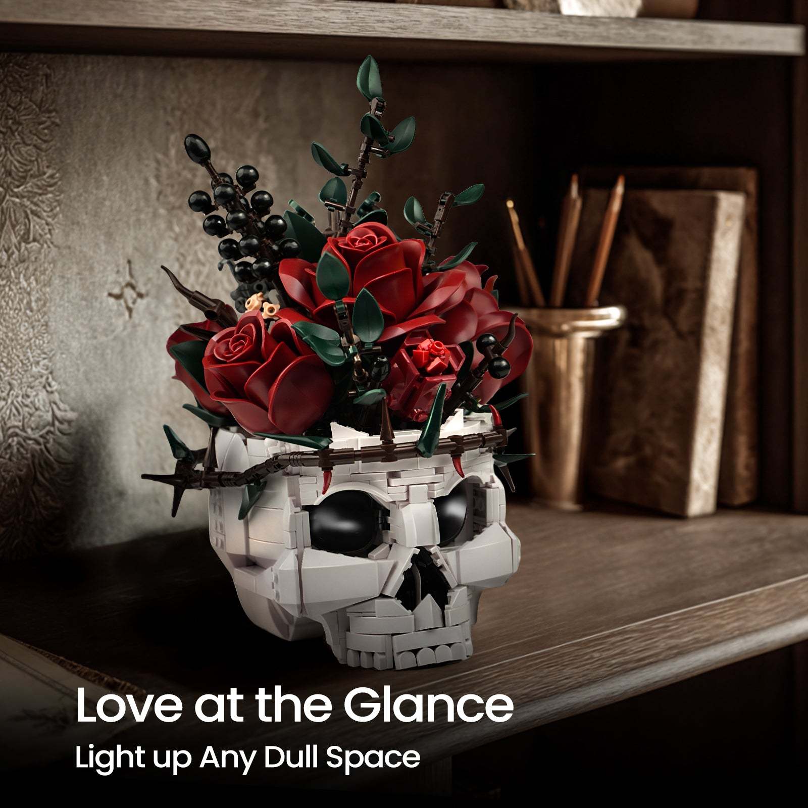 Gothic Skull Red Rose Bouquet Building Block Set