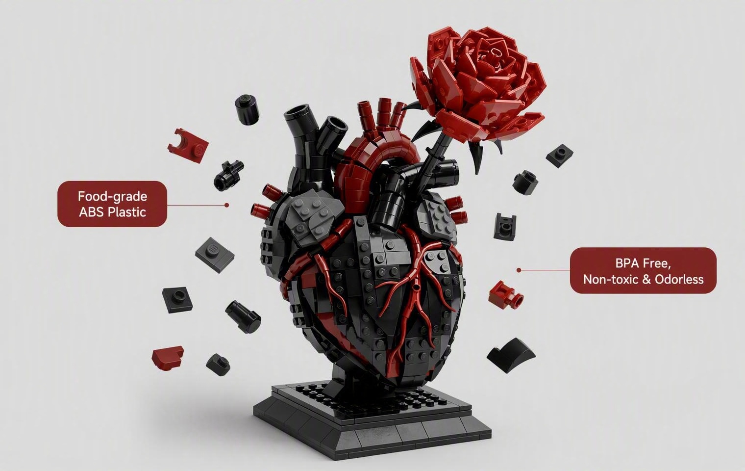 Gothic Flaming Heart Rose Building Set | Dark Romantic Brick Gift