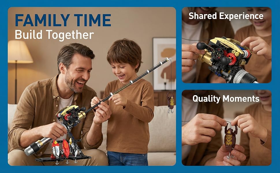 Adult and child building the fishing rod model together at a table