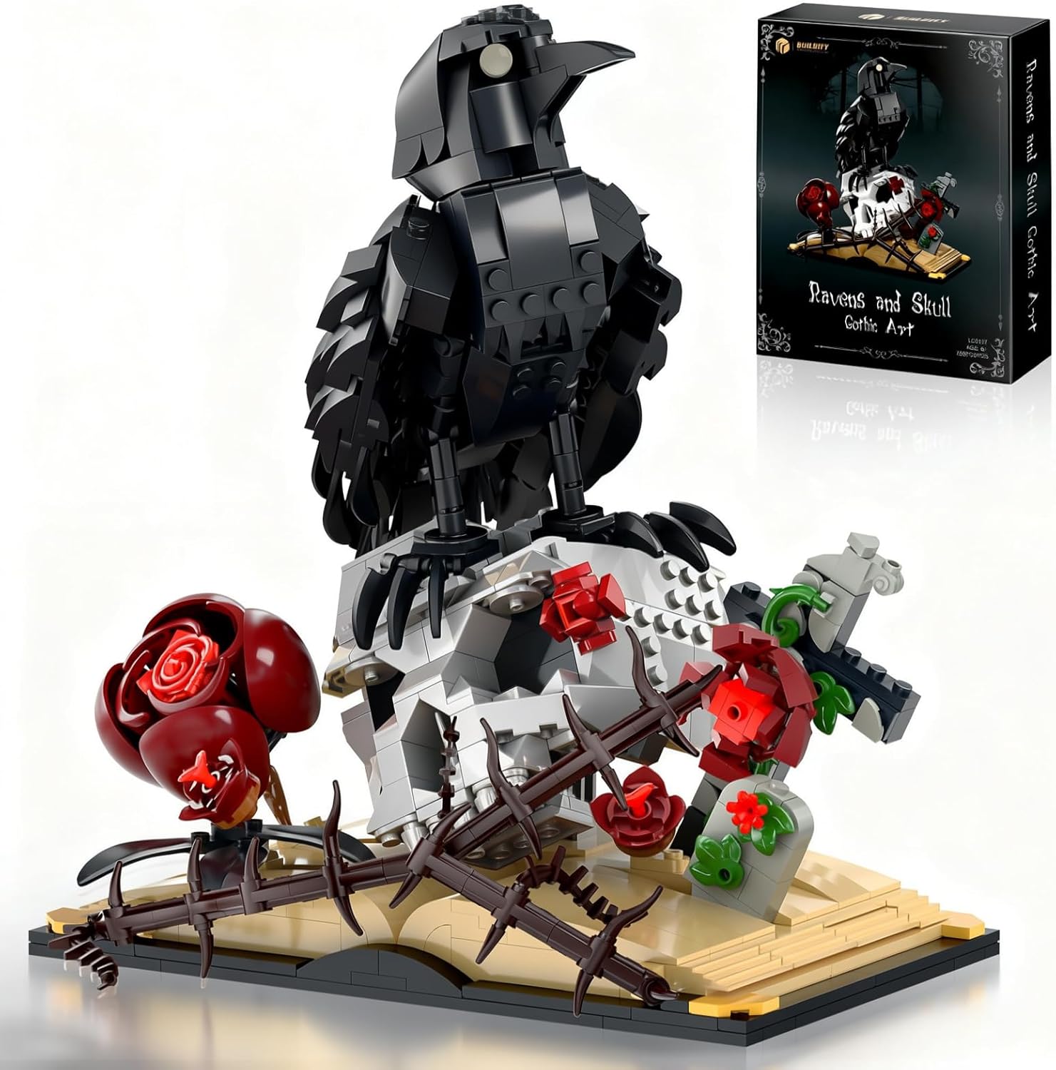 Gothic Raven & Skull Art Building Set, Skull Decor Features Ravens, Skulls, Roses, Crosses, and Books - Eye-Catching Table Centerpiece, Holiday or Birthday Gift for Adults & Kids Ages 8+ (758 PCS)