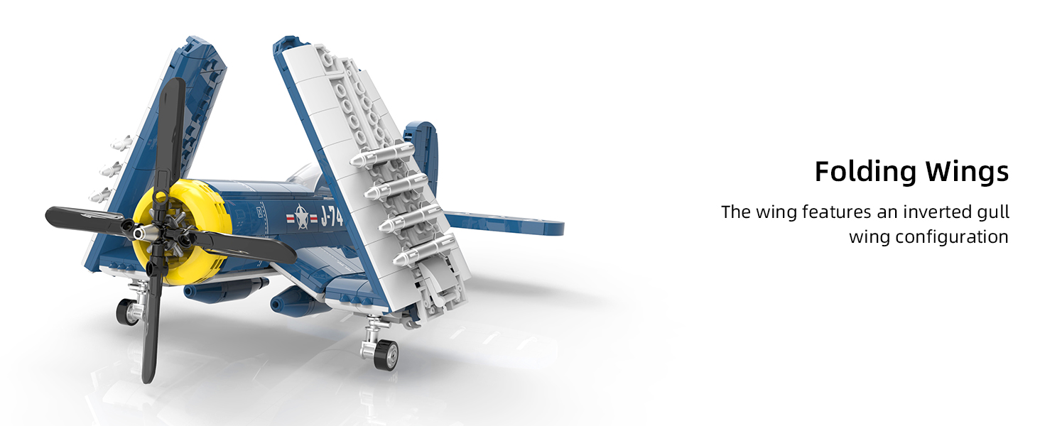 Side view of F4U Corsair aircraft building blocks with navy blue body and propeller
