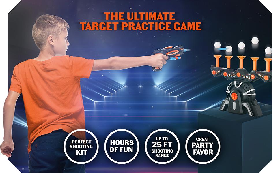Child aiming a dart blaster at the five floating ball targets on a Hover Shot base