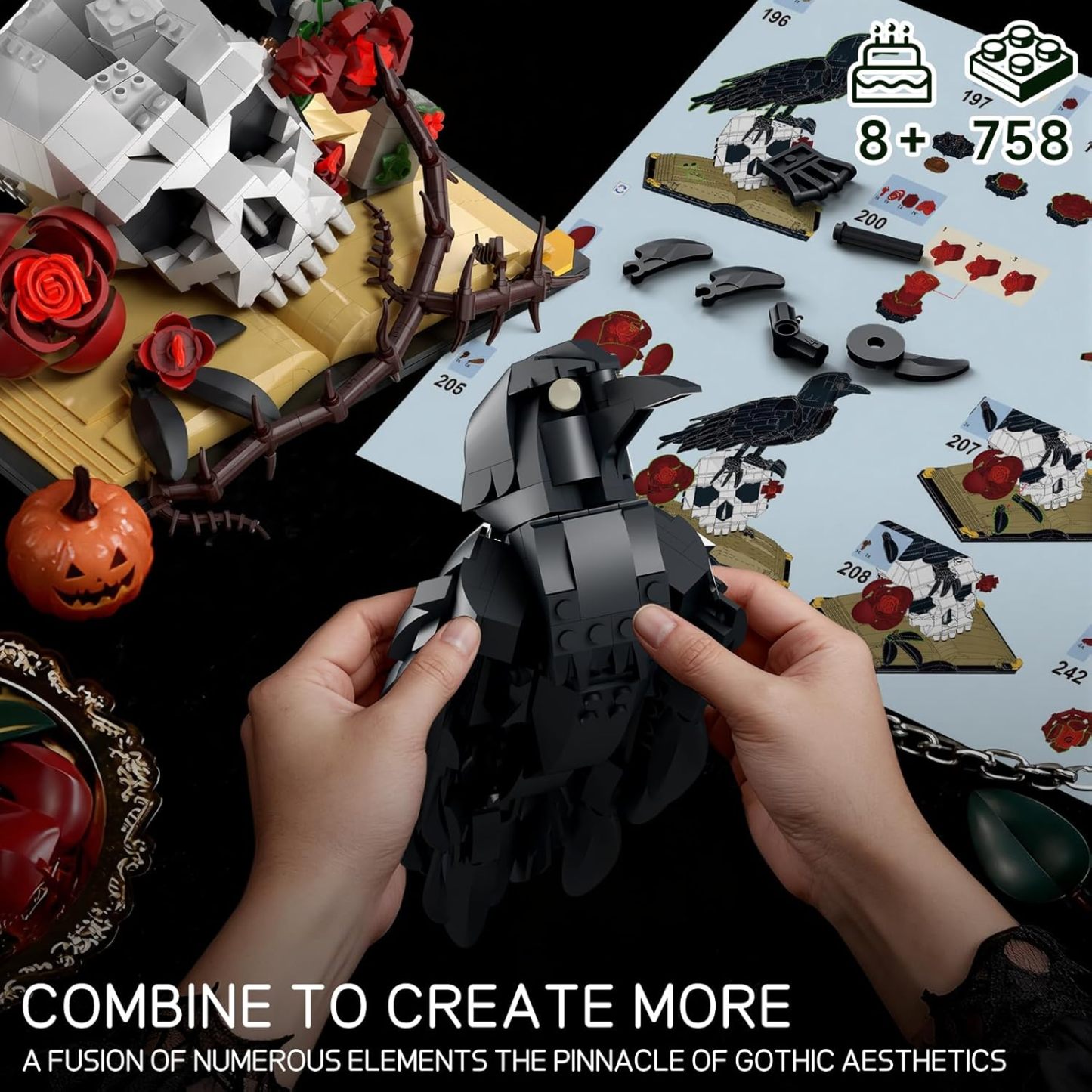 Gothic Raven & Skull Art Building Set, Skull Decor Features Ravens, Skulls, Roses, Crosses, and Books - Eye-Catching Table Centerpiece, Holiday or Birthday Gift for Adults & Kids Ages 8+ (758 PCS)