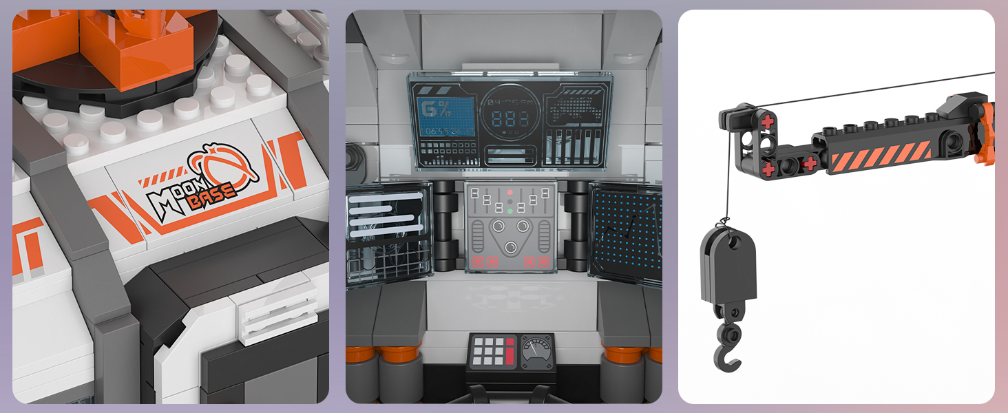 Printed control panels and detailed parts on a space station building set without stickers