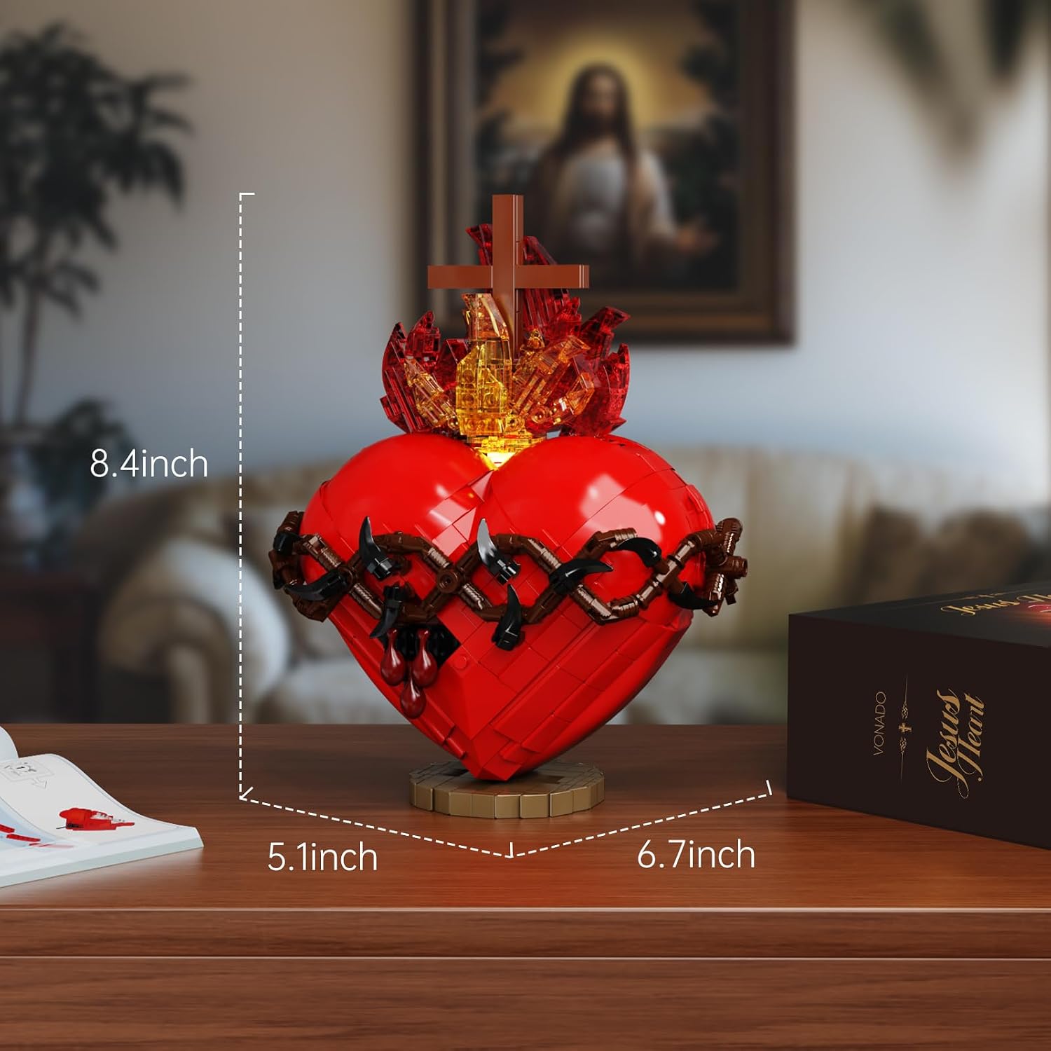 Millionspring Sacred Heart of Jesus Building Block Set with LED Light,Jesus Heart Toy Model,Home Chapel Decor Easter Gifts for Kids,Adults(625PCS)