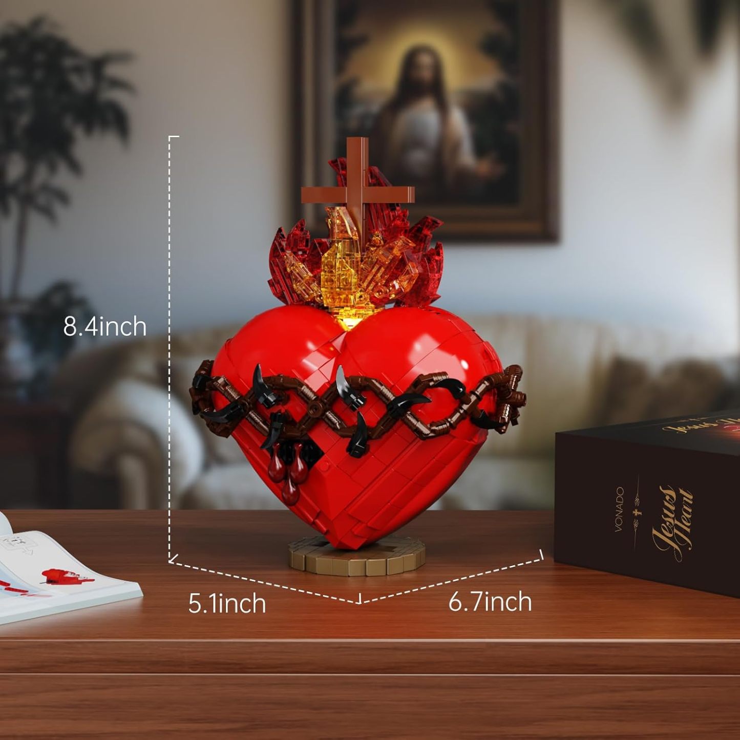 Millionspring Sacred Heart of Jesus Building Block Set with LED Light,Jesus Heart Toy Model,Home Chapel Decor Easter Gifts for Kids,Adults(625PCS)