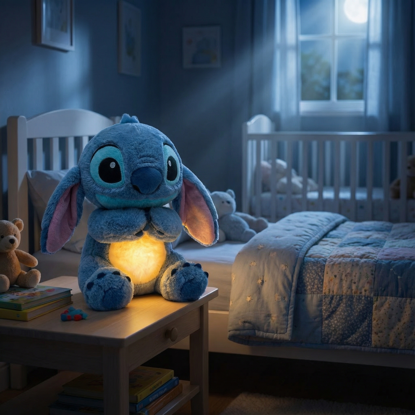 Breathing Stitch plush toy arranged as a character display in a home setting