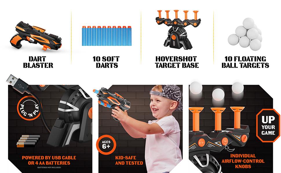 Hover Shot feature collage showing the blaster, 10 soft darts, target base, 10 balls and individual airflow controls