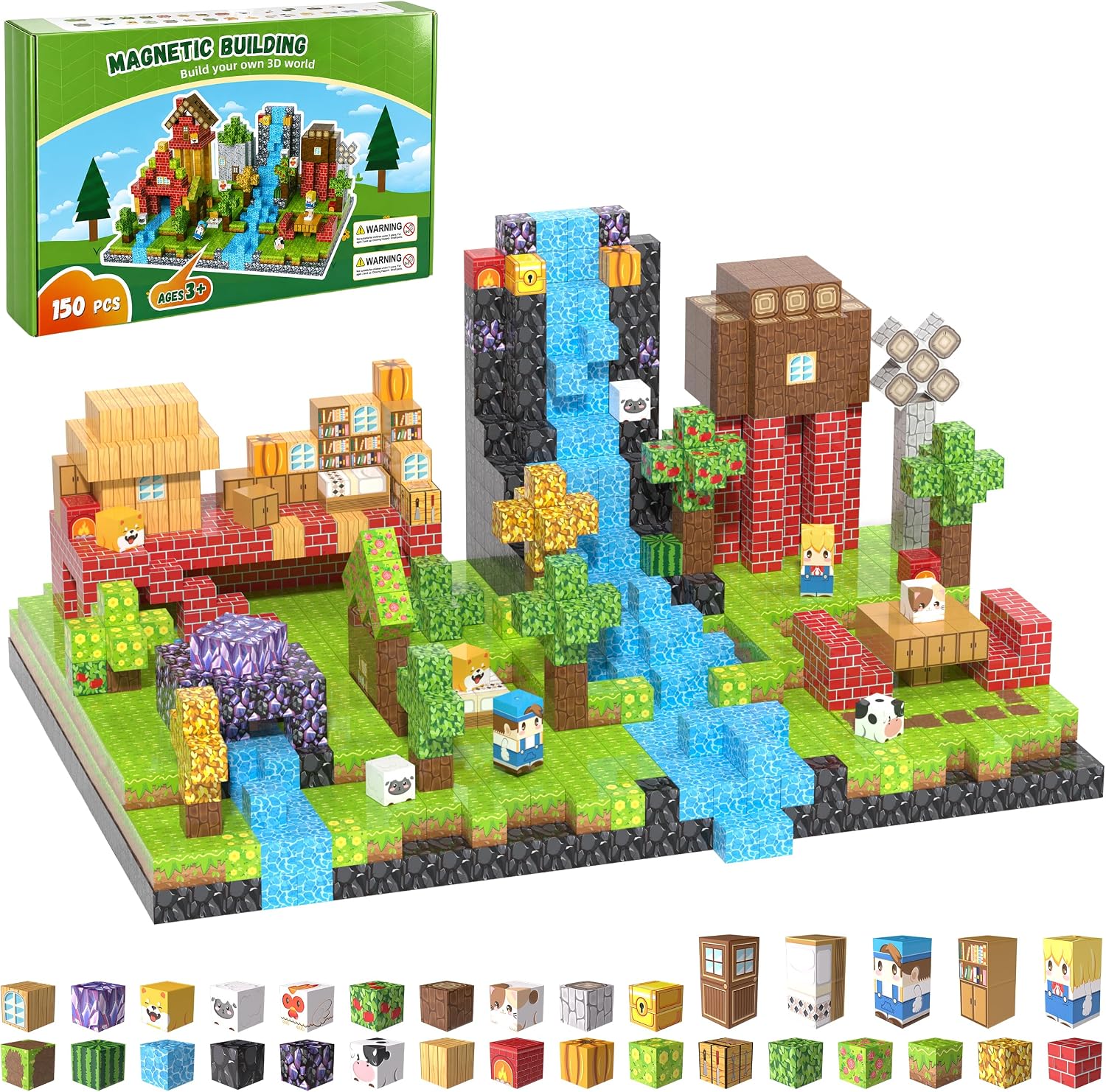 Pixel-Style Magnetic Building Blocks – Forest, Snow Castle & Underworld