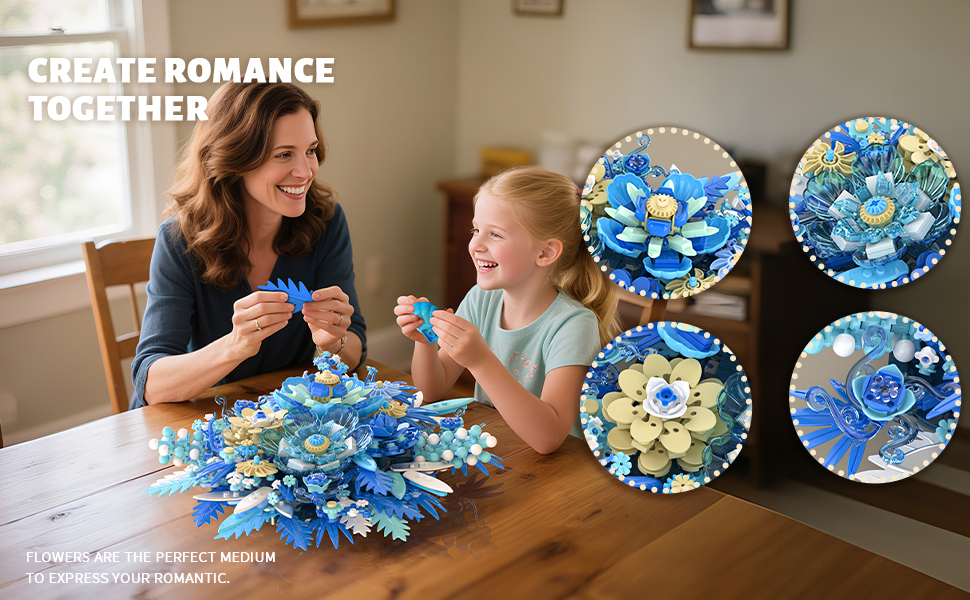 Close-up of blue flower bouquet building blocks with layered botanical details