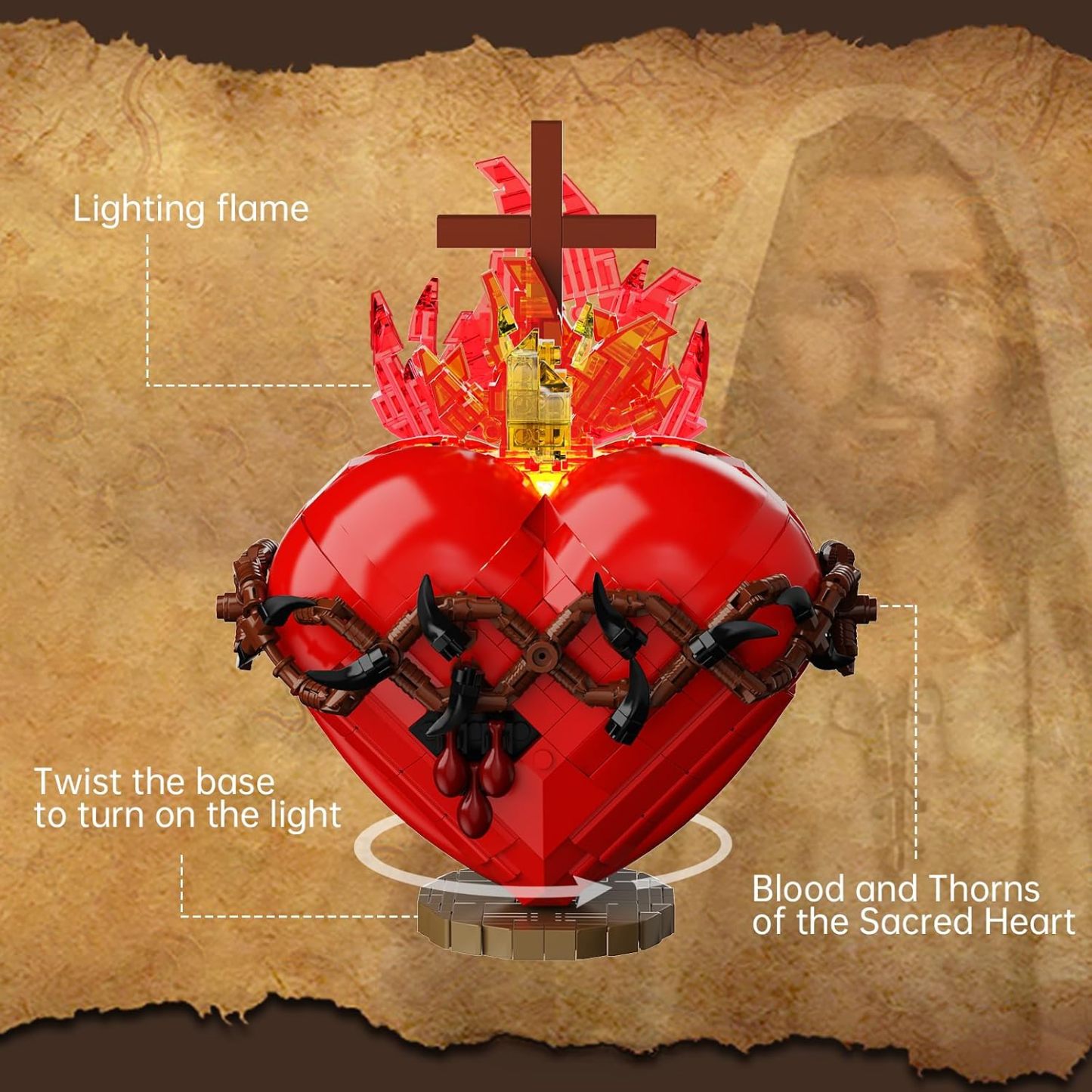 Millionspring Sacred Heart of Jesus Building Block Set with LED Light,Jesus Heart Toy Model,Home Chapel Decor Easter Gifts for Kids,Adults(625PCS)