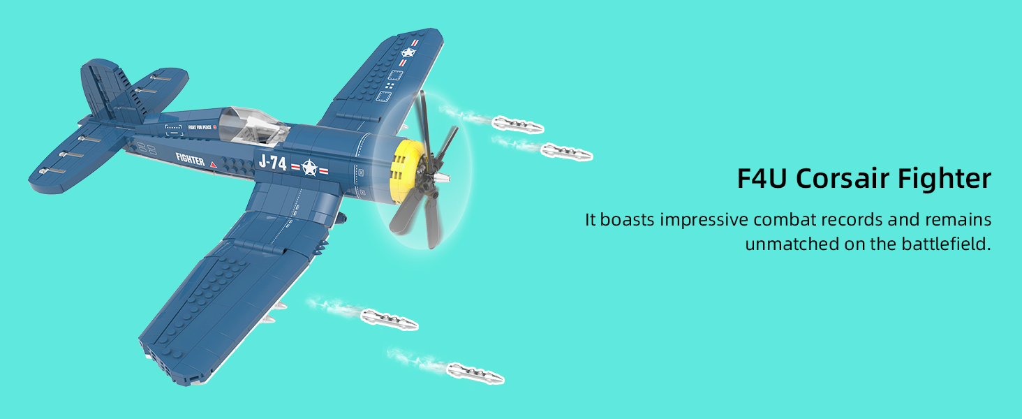 F4U Corsair blue fighter plane building block model kit display view