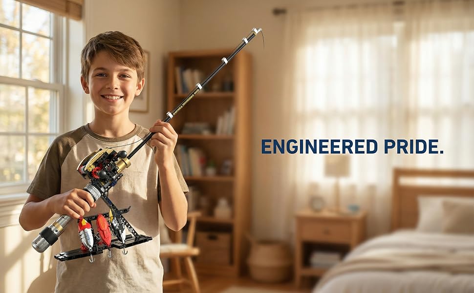 Completed fishing rod building model displayed after assembly