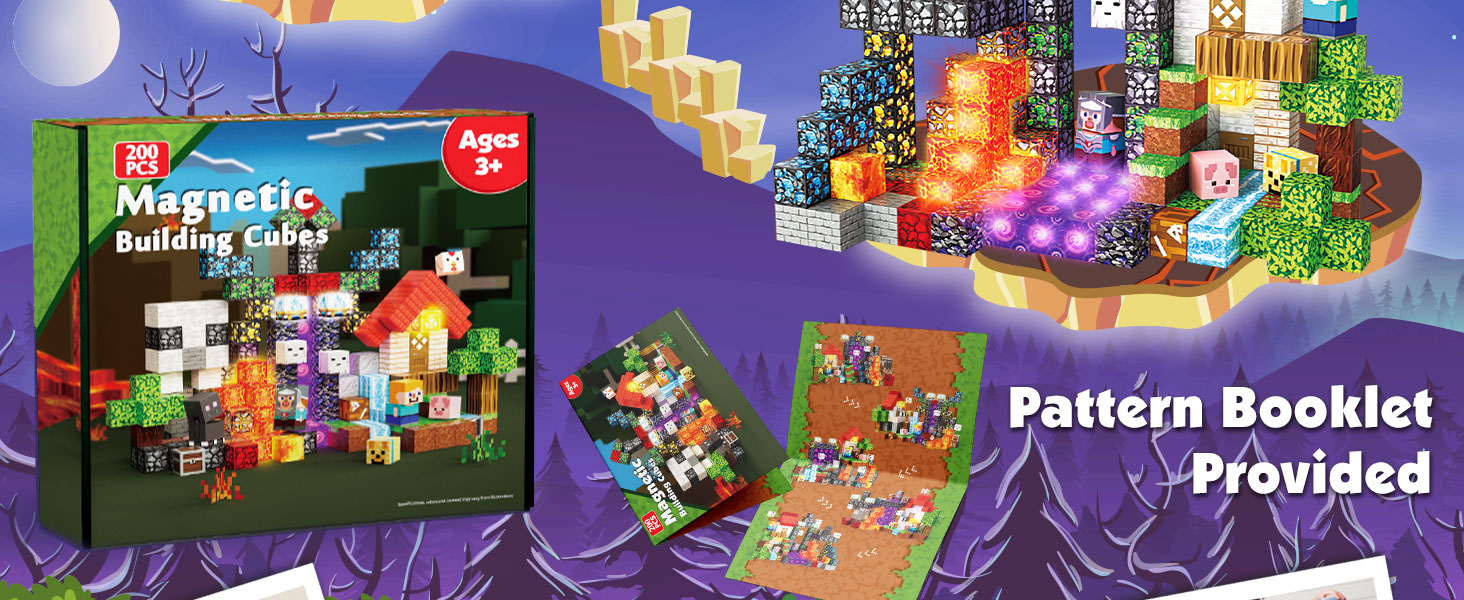 Retail box for the 200-piece magnetic building cubes set with the included pattern booklet
