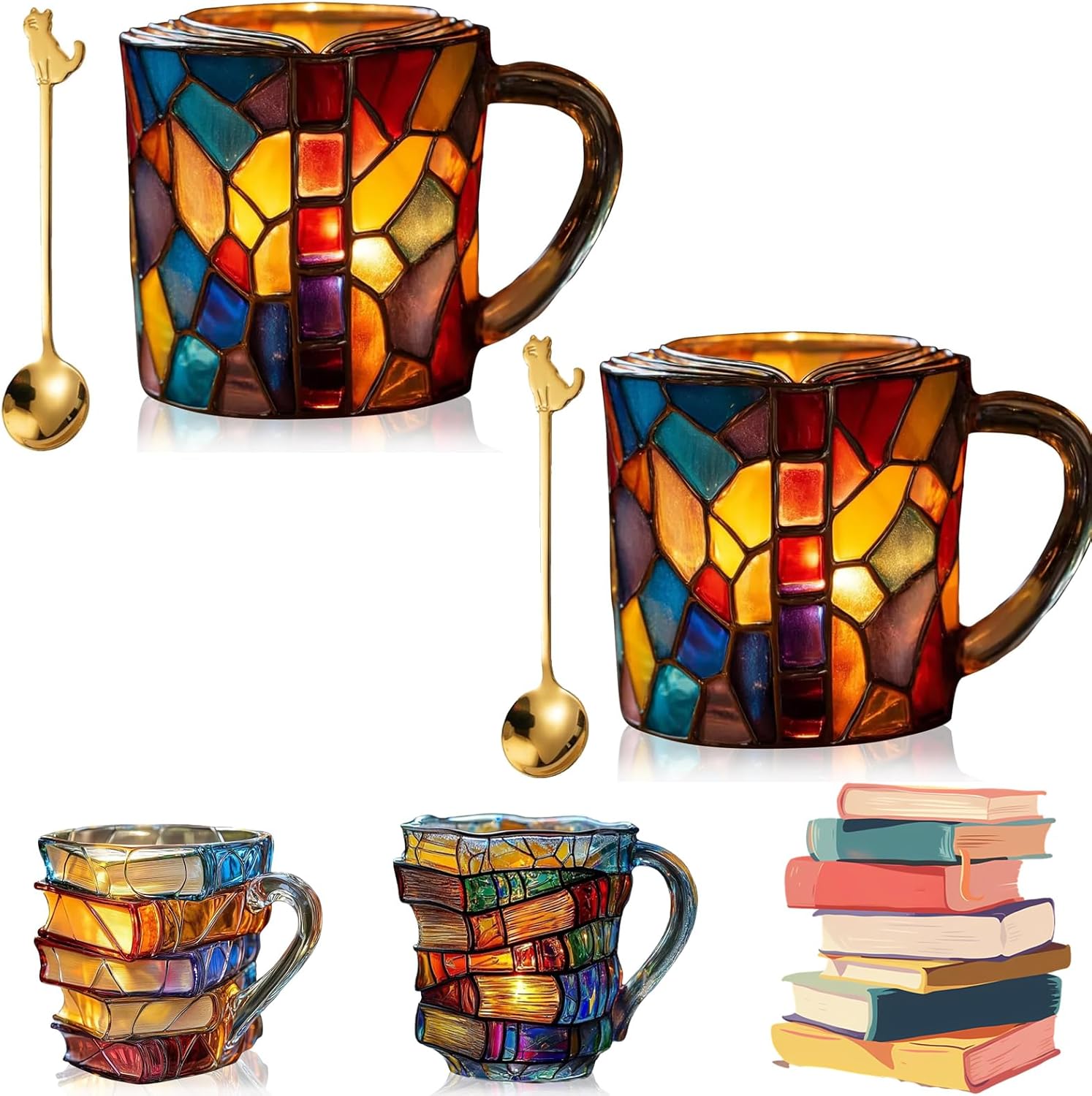 Painted Book Mug,3D Book Stack Coffee Mugs,Unique Design Library Coffee Mug, Add a Wonderful Literary Flair to Your Beverage, Collection Gifts for Literature Lovers (A-1PCS)-北京欧布科技有限公司