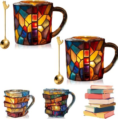 Painted Book Mug,3D Book Stack Coffee Mugs,Unique Design Library Coffee Mug, Add a Wonderful Literary Flair to Your Beverage, Collection Gifts for Literature Lovers (A-1PCS)-北京欧布科技有限公司