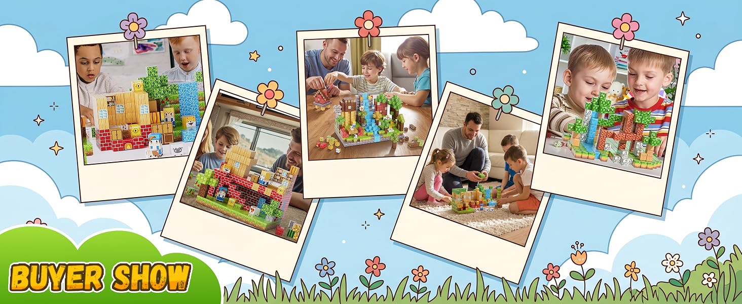 Collage of children and adults building with colorful magnetic construction blocks