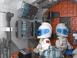 Two astronaut figures inside a space station cabin for collaborative mission play