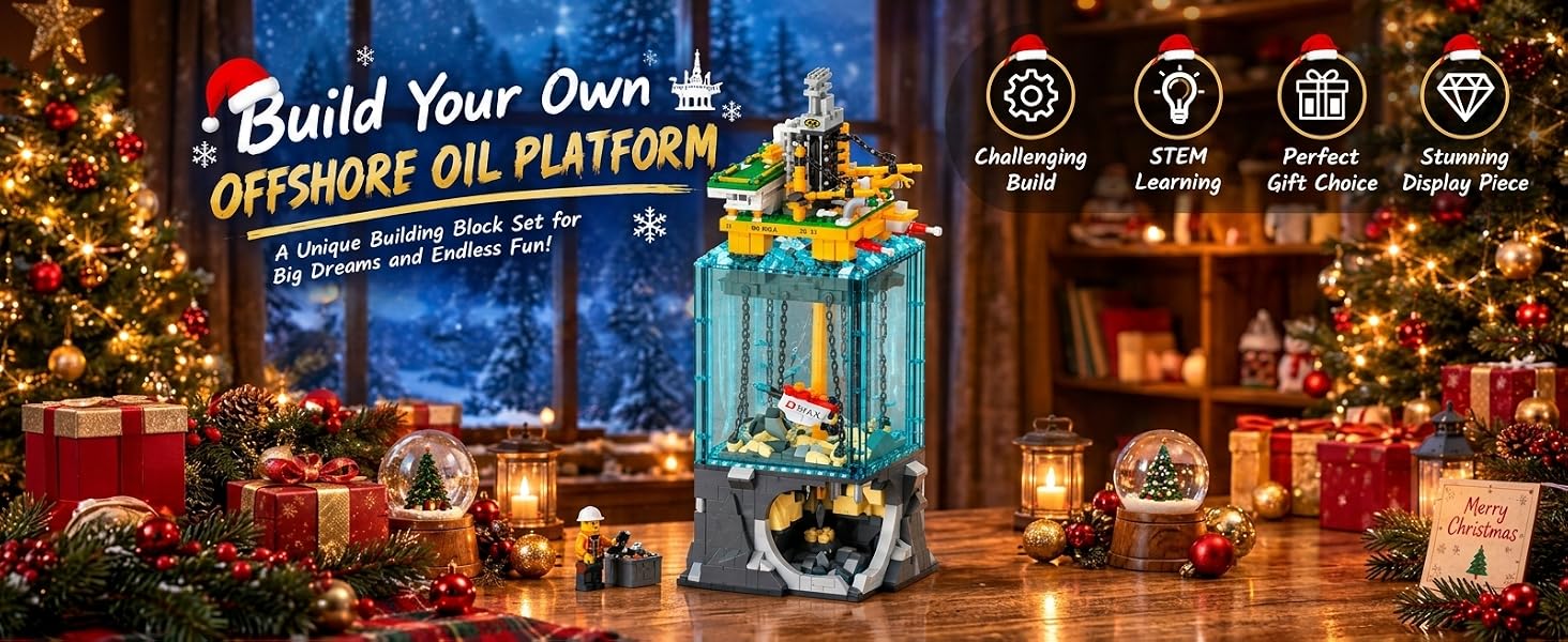 Offshore drilling platform building set shown in a festive gift setting