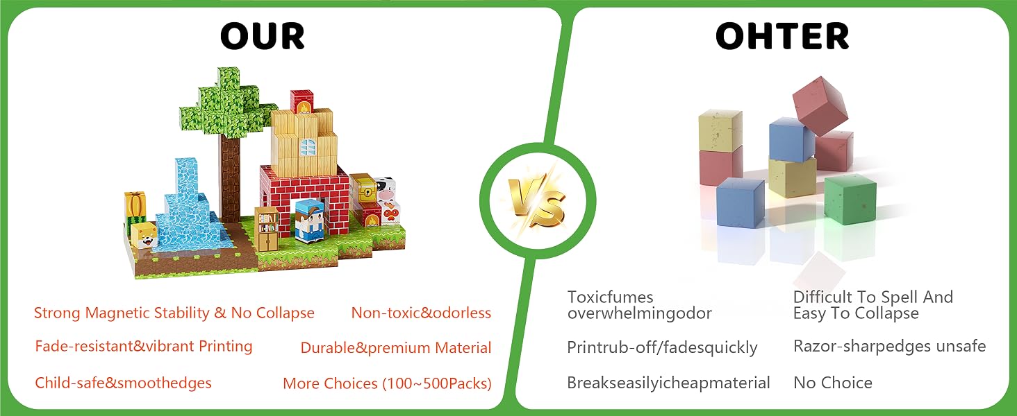 Side-by-side illustration of a pixel-style magnetic block scene and plain stacking blocks