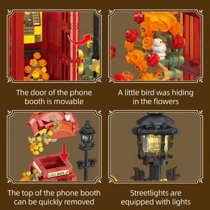 Retro British Red Phone Booth Building Set with Light | Wonder Mini World