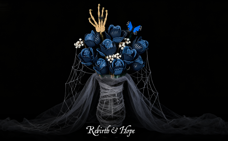 Gothic blue rose bouquet building set displayed as dark-romantic bedroom d&eacute;cor