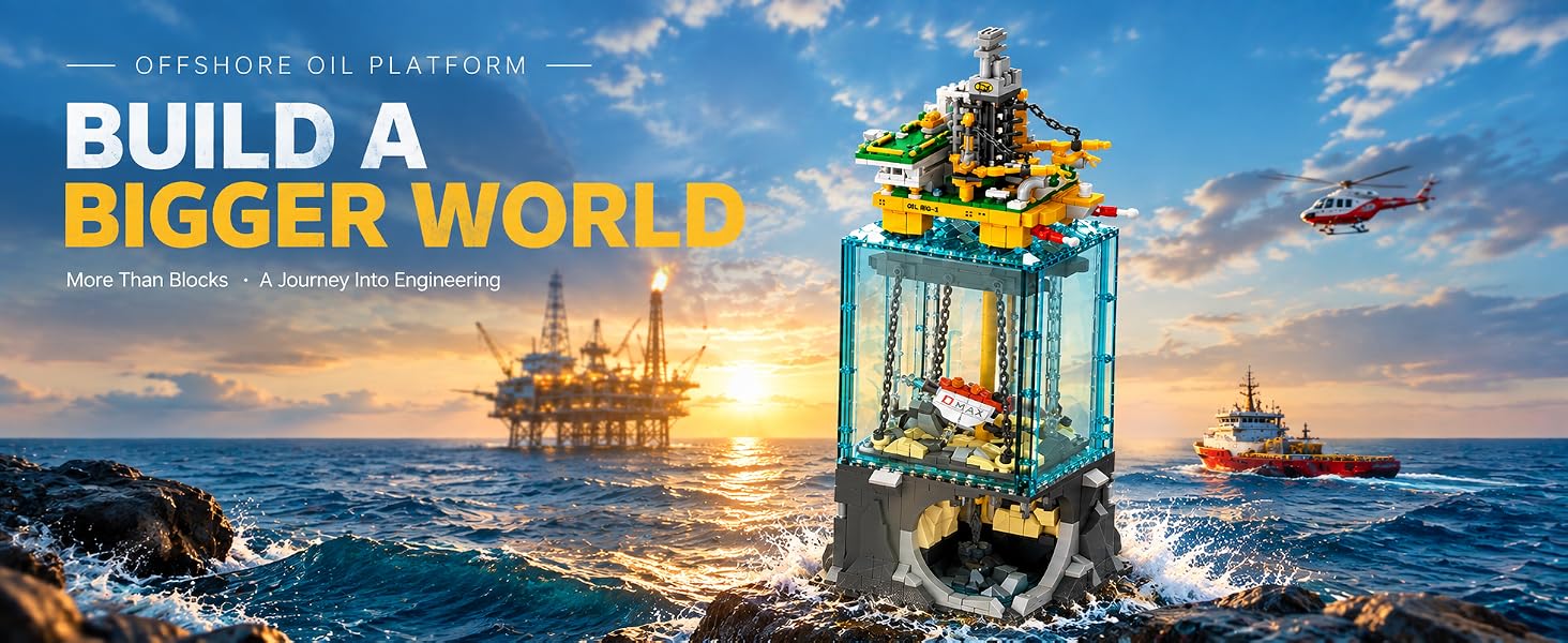 Offshore oil rig building model shown against an illustrated coastal engineering scene