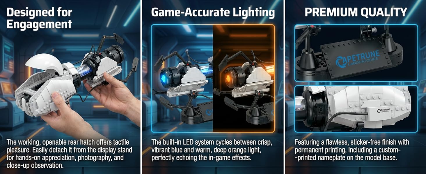 Dual-color LED light effect on a portal-style sci-fi gun brick model