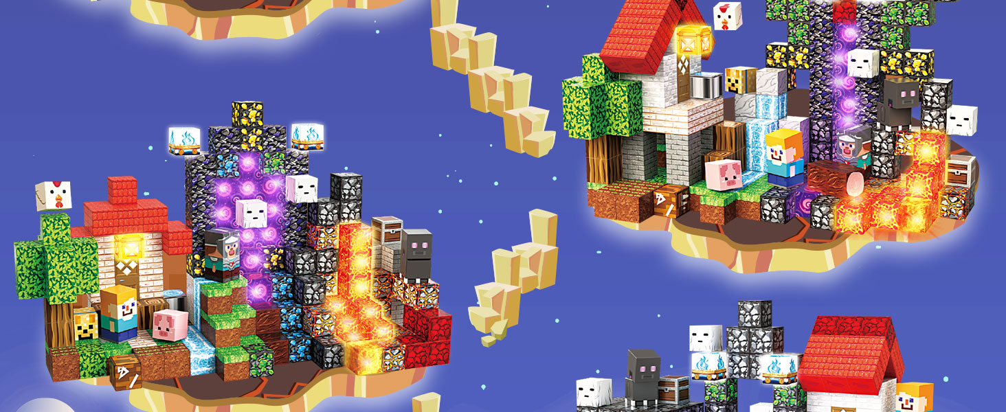 Multiple pixel-style 3D scenes created with magnetic cubes and illuminated blocks