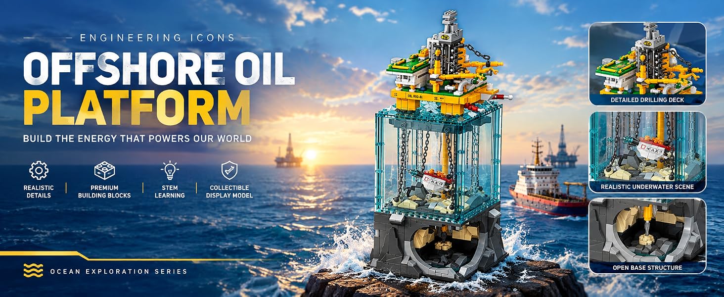 Offshore drilling platform building model with a surface deck, transparent subsea section and rocky seabed base