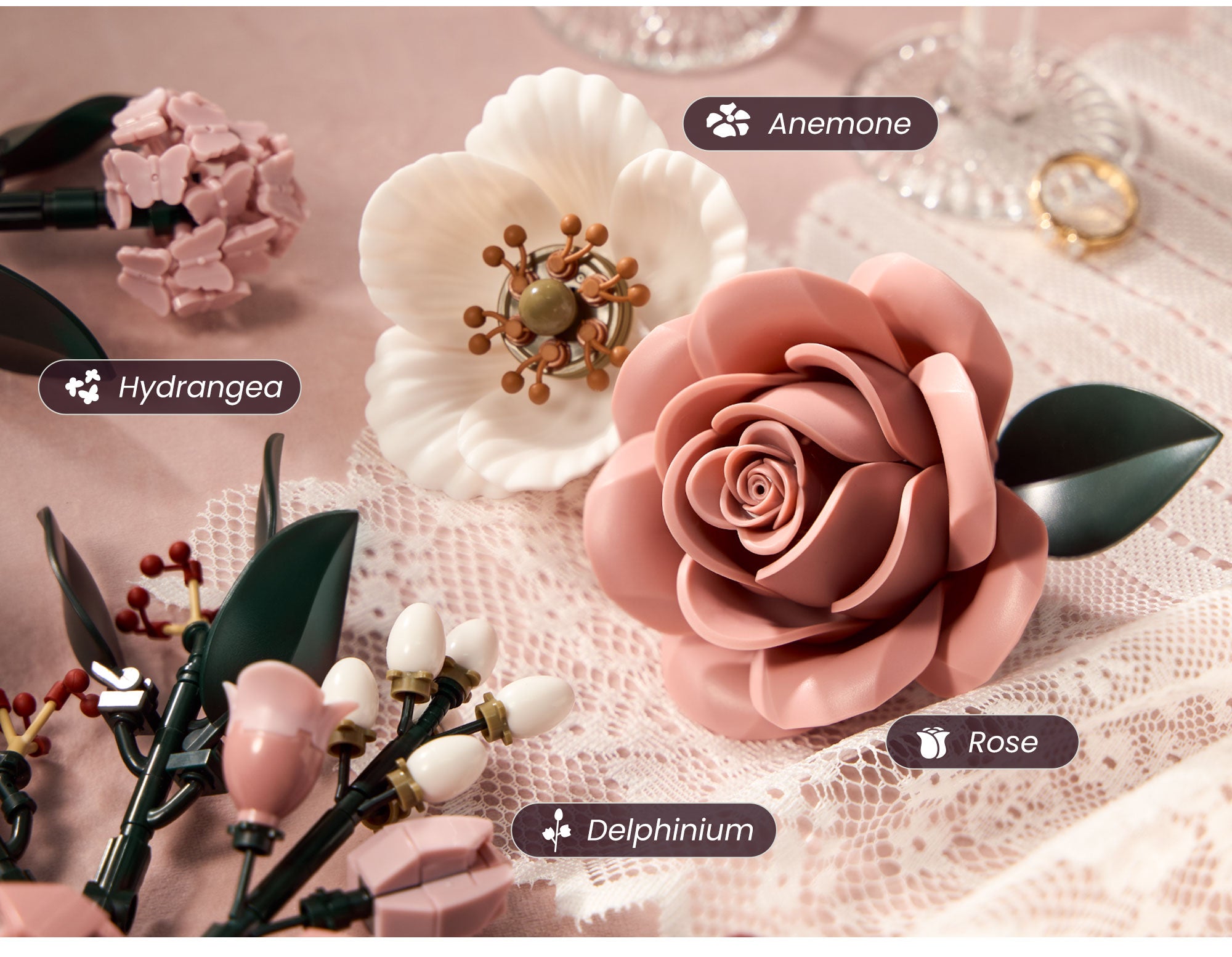 Rose anemone hydrangea and delphinium flowers included in the pink bouquet building set