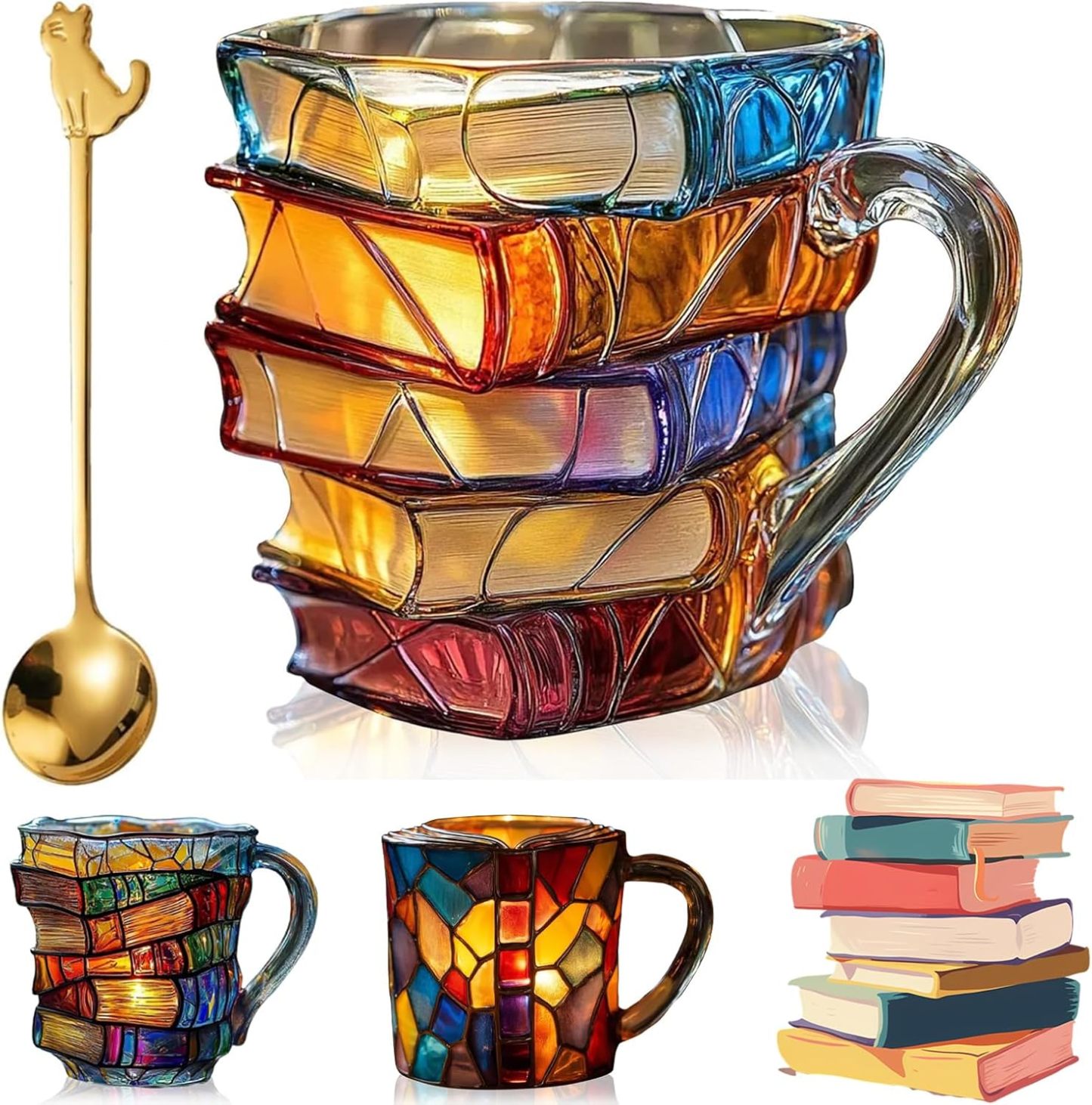 Painted Book Mug,3D Book Stack Coffee Mugs,Unique Design Library Coffee Mug, Add a Wonderful Literary Flair to Your Beverage, Collection Gifts for Literature Lovers (A-1PCS)-北京欧布科技有限公司