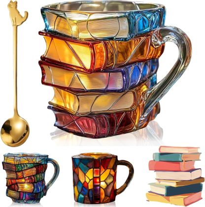 Painted Book Mug,3D Book Stack Coffee Mugs,Unique Design Library Coffee Mug, Add a Wonderful Literary Flair to Your Beverage, Collection Gifts for Literature Lovers (A-1PCS)-北京欧布科技有限公司