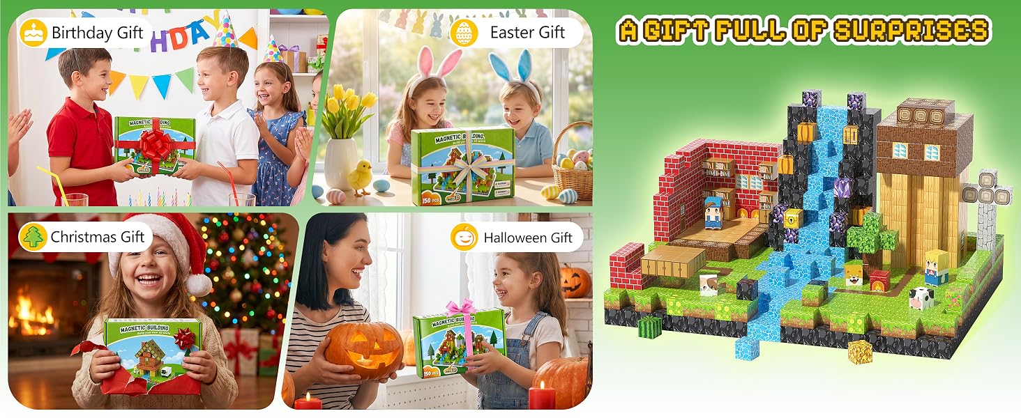 Magnetic building block set shown alongside birthday and seasonal gift scenes