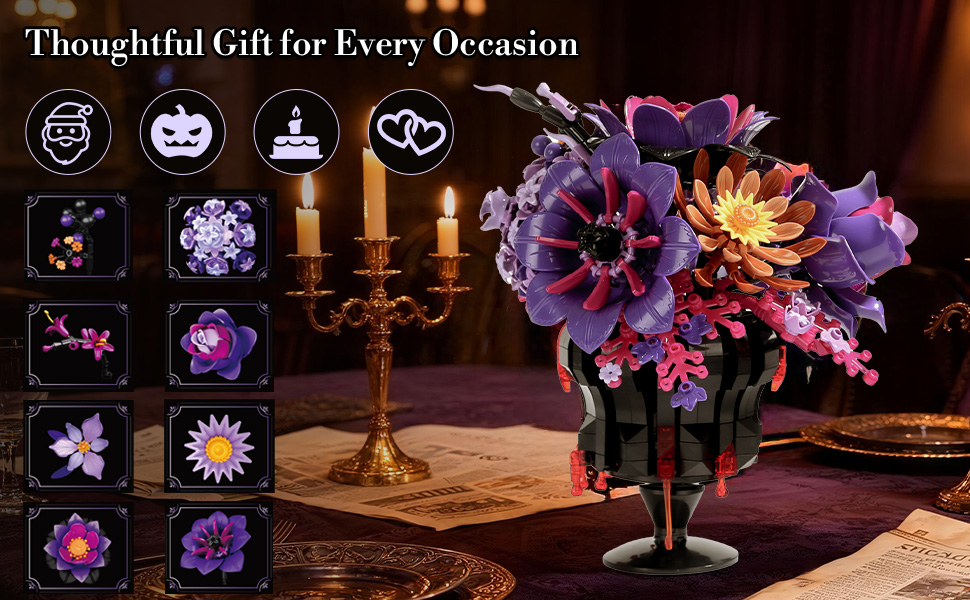 Elegant purple botanical bouquet block set buildable floral decor