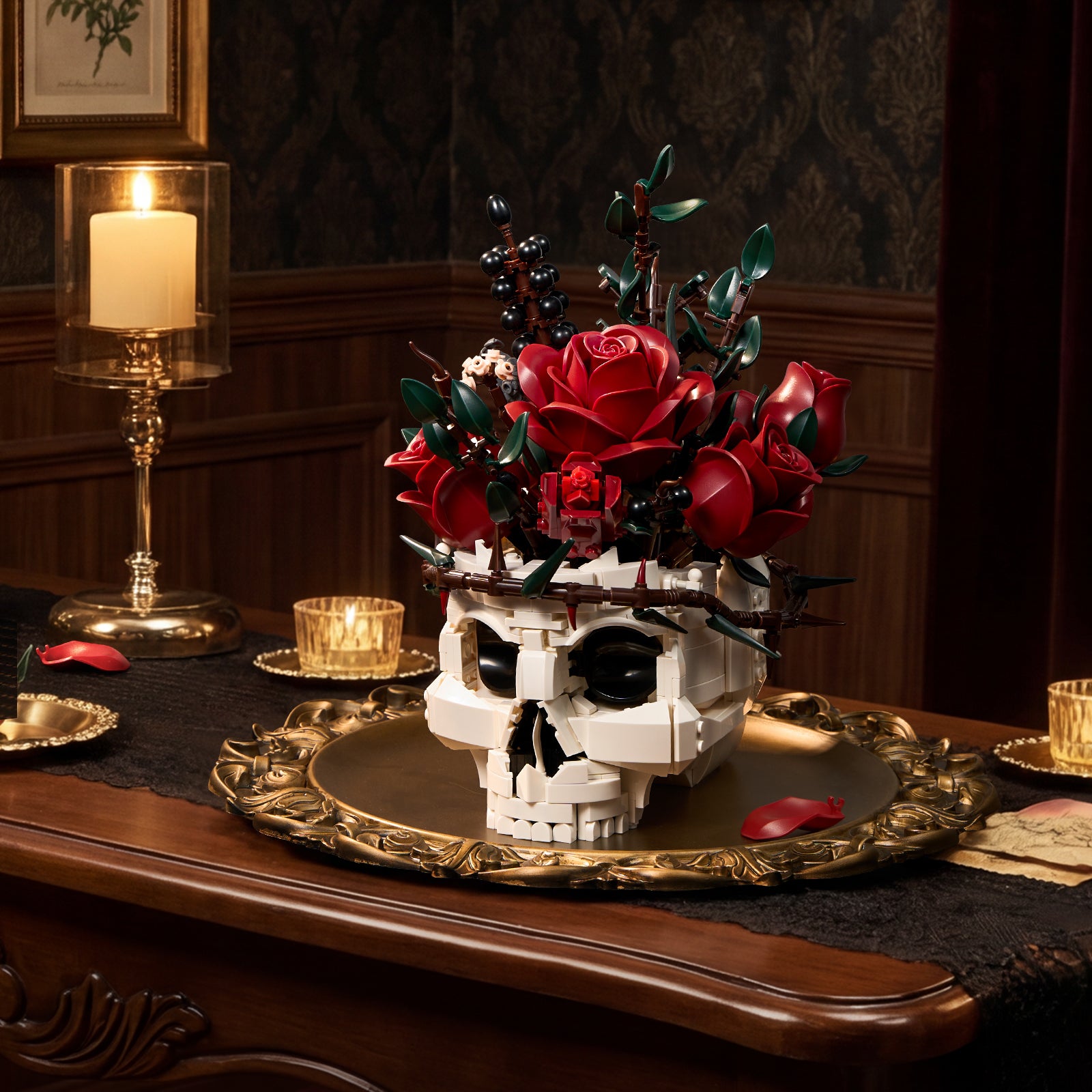 Gothic Skull Red Rose Bouquet Building Block Set