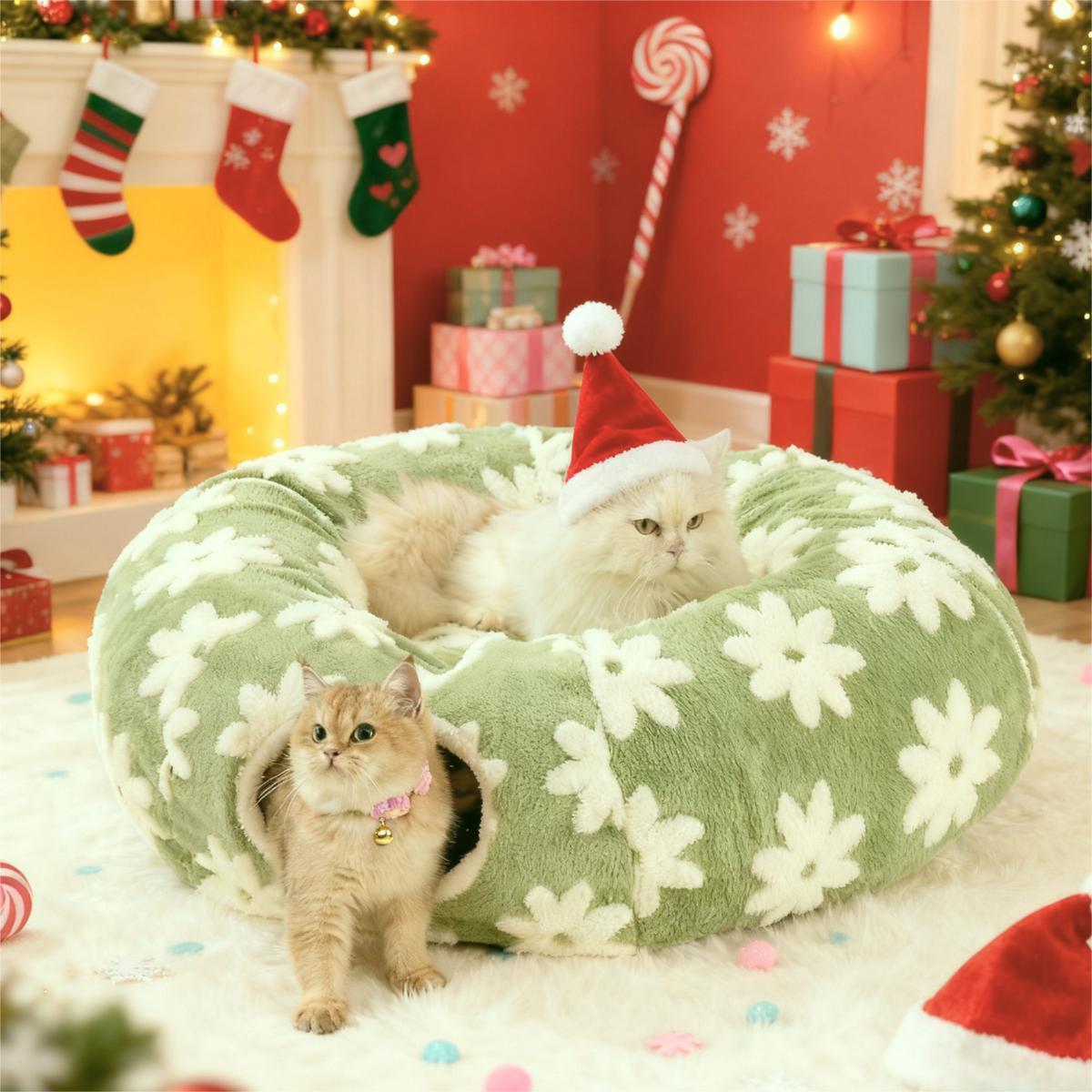 Cozy Washable Cat Tunnel Bed with Cushion - Foldable Pet Play & Sleep Cave-北京欧布科技有限公司