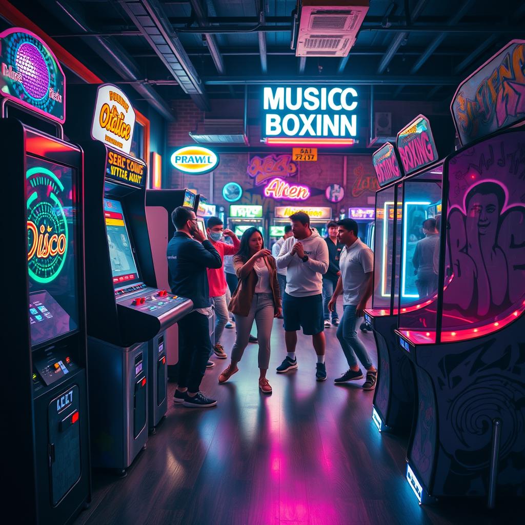 A vibrant and engaging scene showcasing various types of music boxing machines in a lively arcade setting. In the foreground, highlight three distinct machines: one with a retro design emitting vibrant disco lights, another featuring a sleek modern interface with touchscreen controls, and the third encased in graffiti art and pulsating with sound waves. In the middle ground, include people dressed in stylish casual attire, immersed in playful competitions, showcasing different punching styles and enjoying the rhythm. The background should have colorful neon signs and arcade decorations, creating an energetic atmosphere. Use dynamic lighting to enhance the action, with soft shadows for depth. Capture the excitement with a slightly low-angle view, emphasizing the machines' vibrant details and the enthusiastic participants.