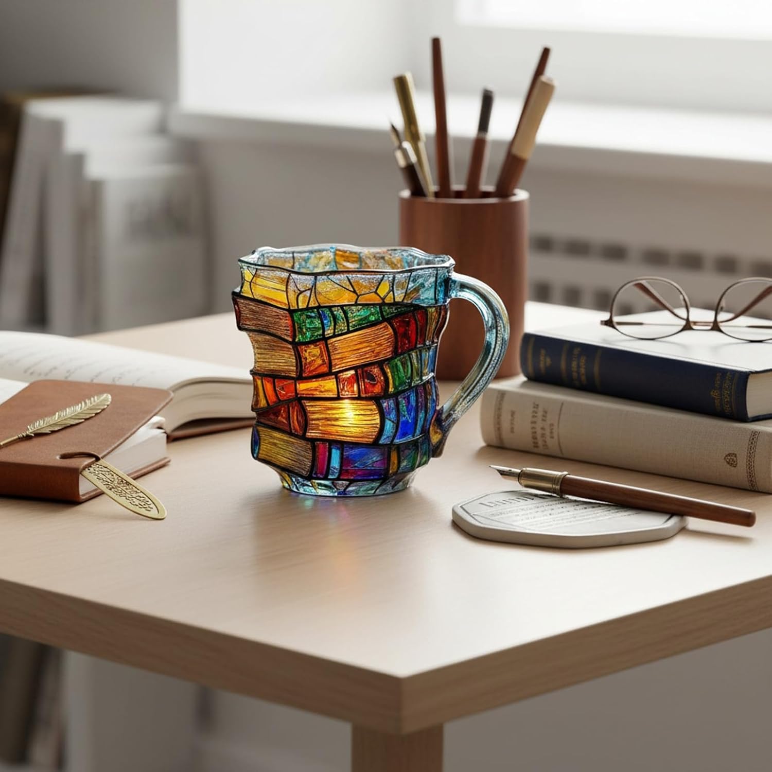 Painted Book Mug,3D Book Stack Coffee Mugs,Unique Design Library Coffee Mug, Add a Wonderful Literary Flair to Your Beverage, Collection Gifts for Literature Lovers (A-1PCS)-北京欧布科技有限公司