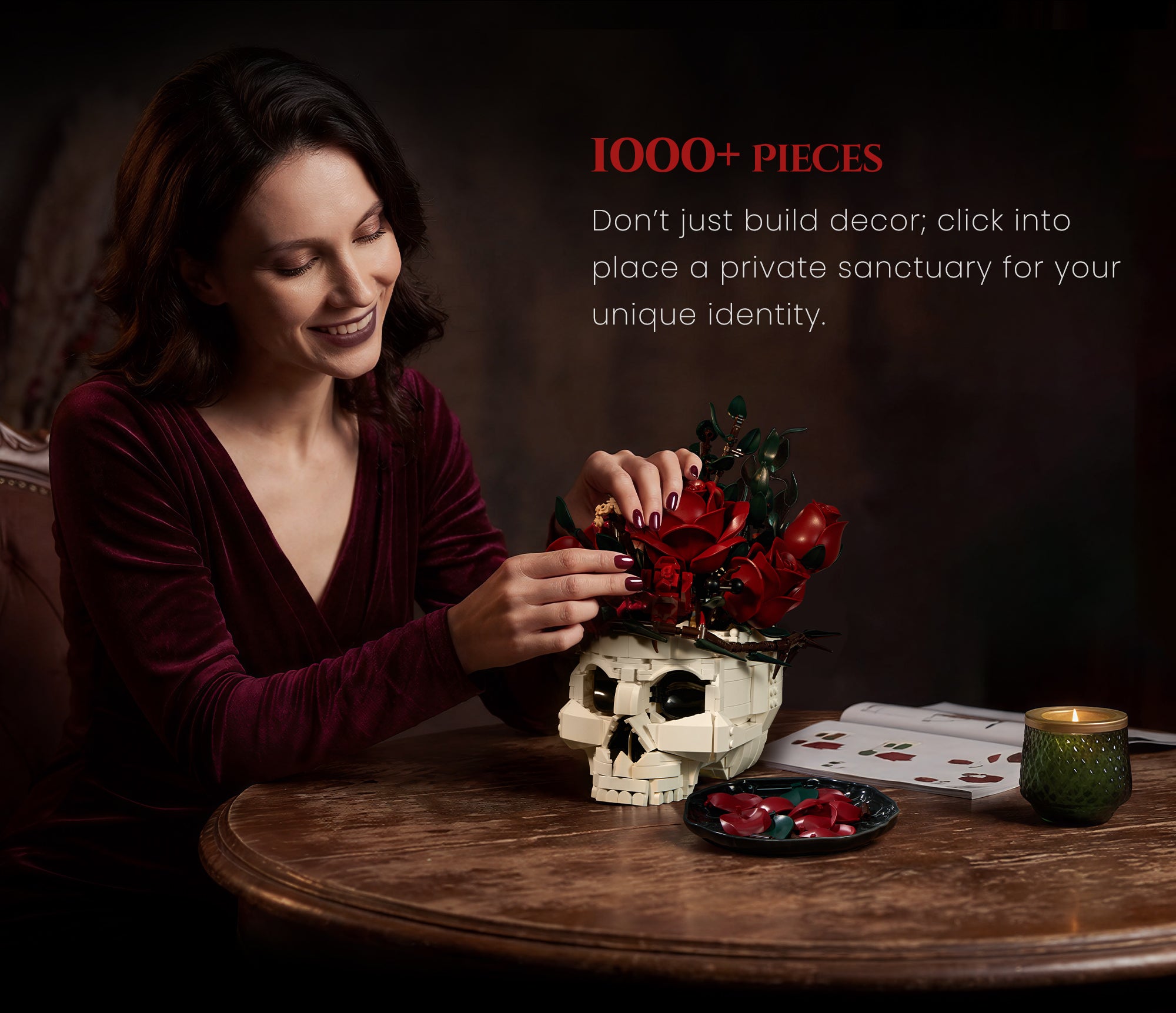 Gothic skull rose decor building set for dark romantic room display