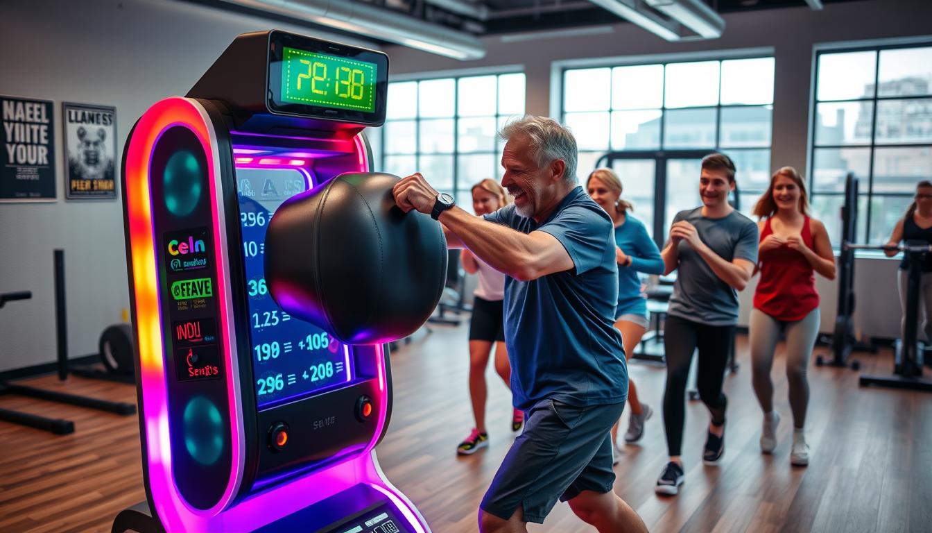 A vibrant music boxing machine set in a modern gym environment, with colorful LED lights illuminating the machine, showcasing a sleek design featuring a punching pad that emits rhythmic beats in sync with popular music. In the foreground, a diverse group of people in casual athletic wear, including a young woman and a middle-aged man, are engaged in a lively workout, striking the punching pad with joy. The middle ground displays other fitness equipment and motivational posters on the walls. The background features large windows letting in natural light, creating a lively and energetic atmosphere. The scene conveys a sense of fun and community, emphasizing the blend of fitness and music, captured from a slightly elevated angle to encompass the action and environment beautifully.