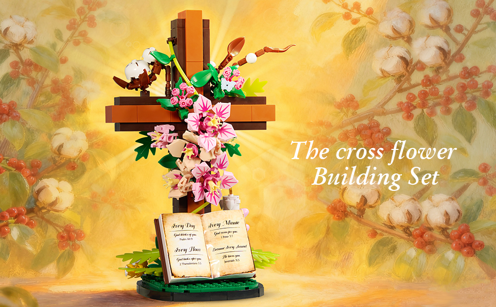 Jesus cross flower building set with pink flowers, green leaves, open Bible and candle