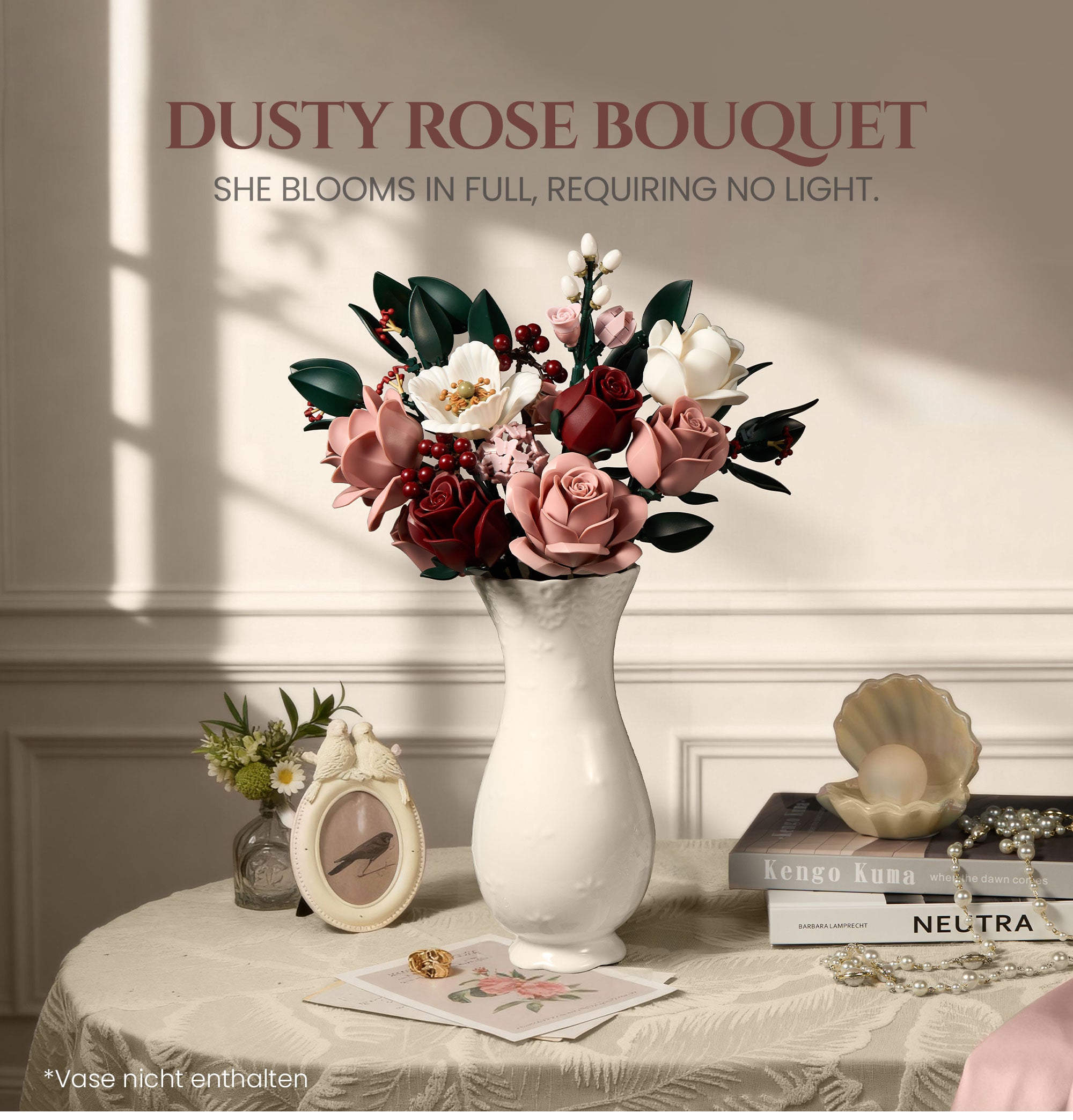 Dusty pink rose bouquet building set displayed in a vase with burgundy and white flowers