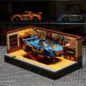 Retro garage building set detailed display area for collectible car models