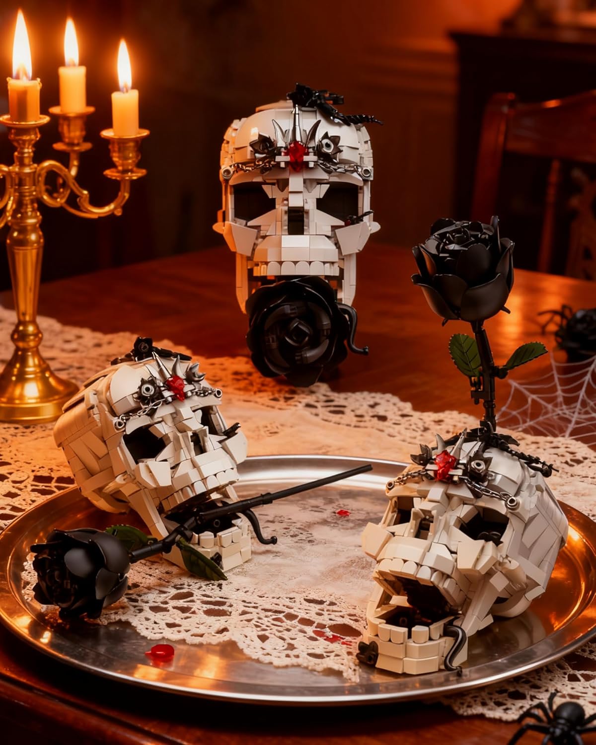 Skull Black Rose Flower Building Set, 3 in 1 Gothic Horror Decor Botanical Artificial Flowers Collection Toys, Ideal Home Office Decoration & Christmas Valentine's Day Gifts for Adults, Women