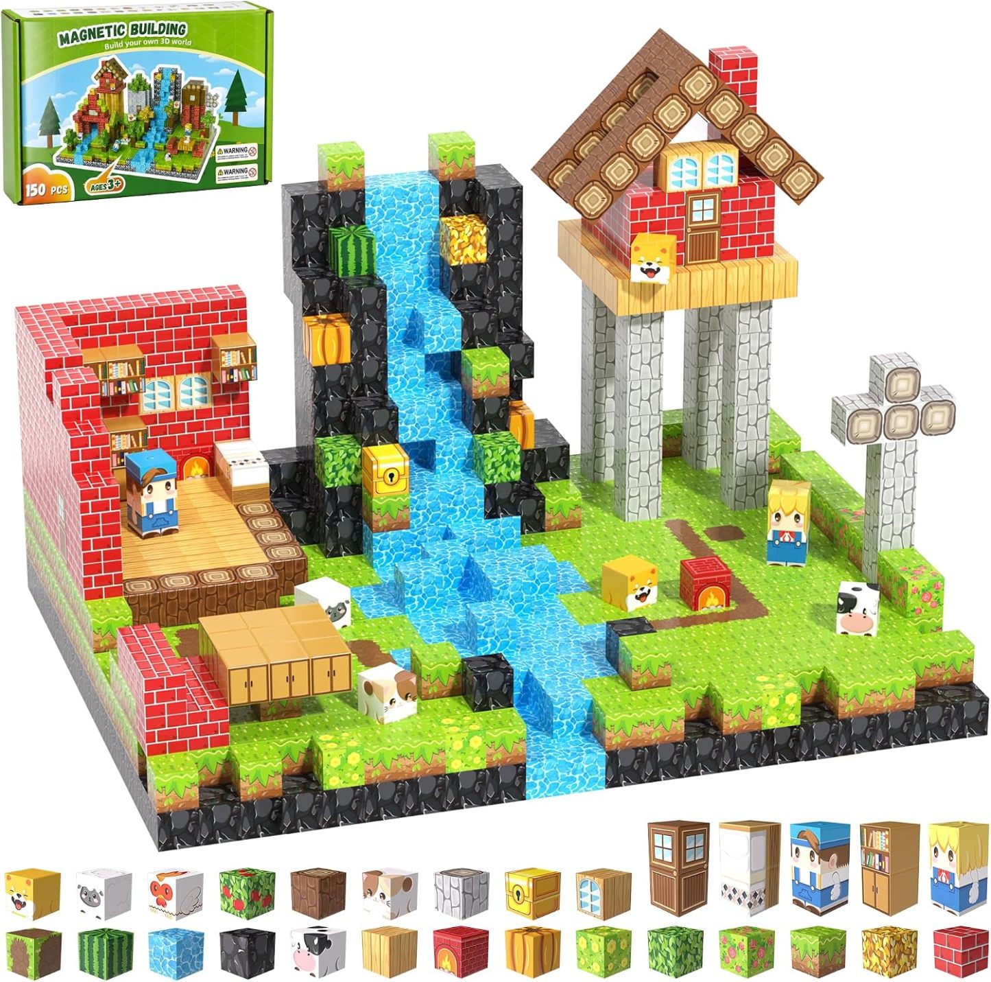 Pixel-Style Magnetic Building Blocks – Forest, Snow Castle & Underworld