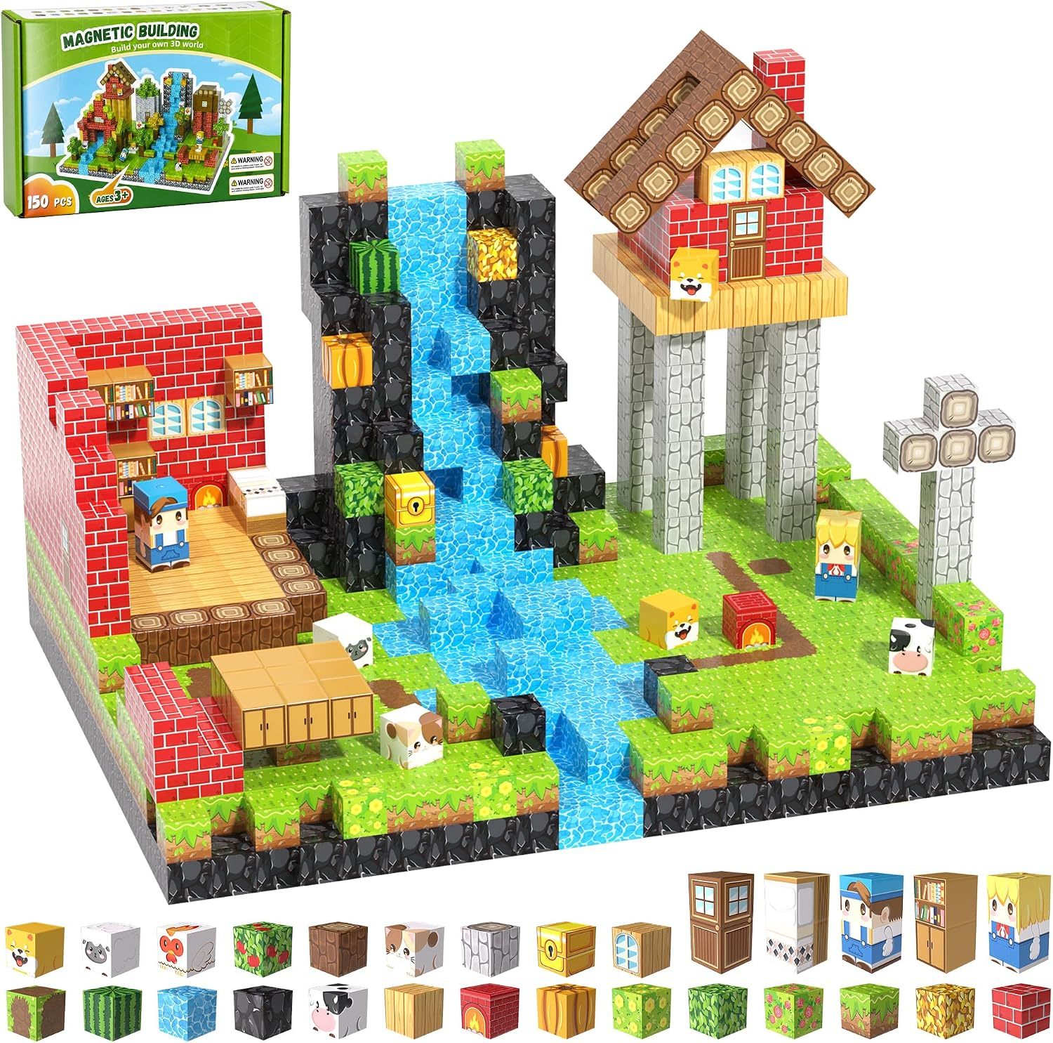 Pixel-Style Magnetic Building Blocks – Forest, Snow Castle & Underworld