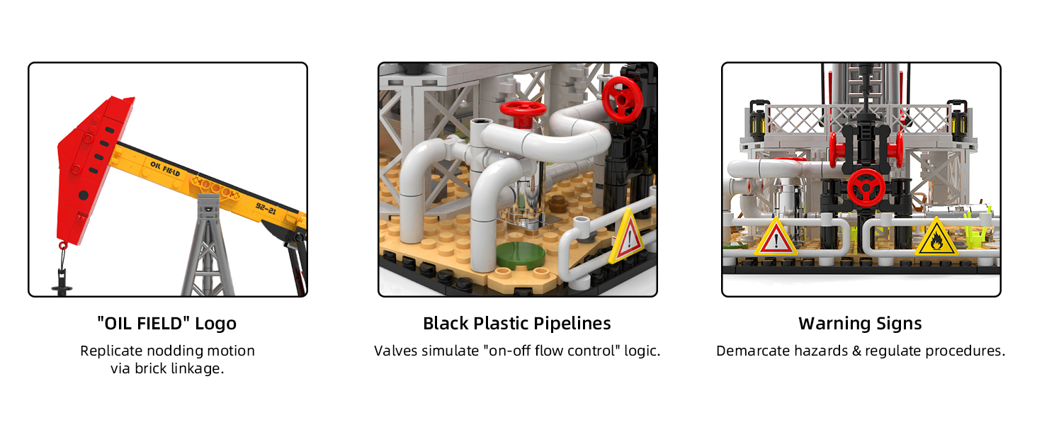 Pipeline, valve and warning sign details on the oilfield pump jack model building set