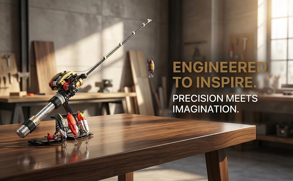 Fishing rod building block model with reel, stand and product box