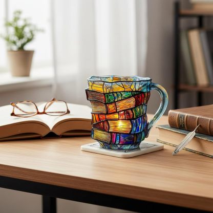 Painted Book Mug,3D Book Stack Coffee Mugs,Unique Design Library Coffee Mug, Add a Wonderful Literary Flair to Your Beverage, Collection Gifts for Literature Lovers (A-1PCS)-北京欧布科技有限公司